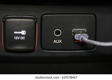 car interior, aux and usb charging cable connection