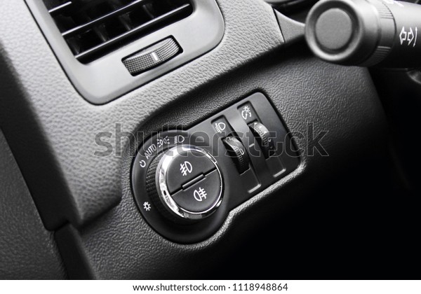 Car interior\
details. Black interior of the\
car