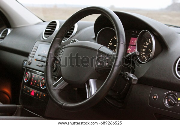 Car interior details. View of the\
interior of a modern automobile showing the\
dashboard