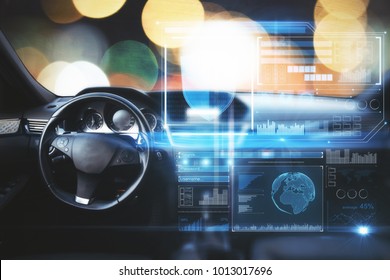 Car Interior With Digital Screen On Blurry Bokeh Background. Double Exposure 