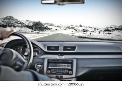 Car Interior With Driver And Winter Road 