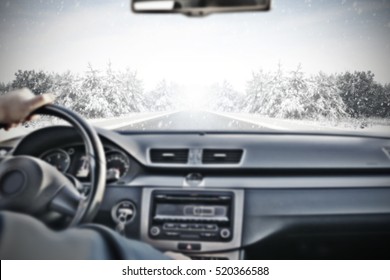 Car Interior With Driver And Winter Road 