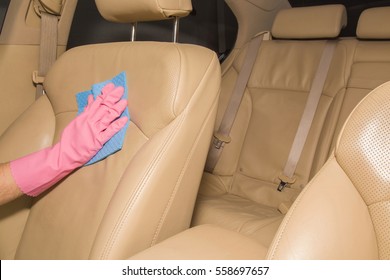 Car Interior Leather Seats Professionally Chemical Cleaning With Cloth. Early Spring Cleaning Or Regular Clean Up.