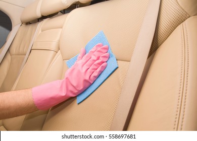 Car Interior Leather Seats Professionally Chemical Cleaning With Cloth. Early Spring Cleaning Or Regular Clean Up.