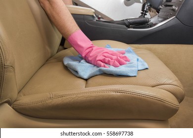 Car Interior Leather Seats Professionally Chemical Cleaning With Cloth. Early Spring Cleaning Or Regular Clean Up.