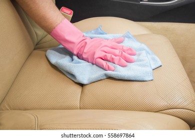 Car Interior Leather Seats Professionally Chemical Cleaning With Cloth. Early Spring Cleaning Or Regular Clean Up.