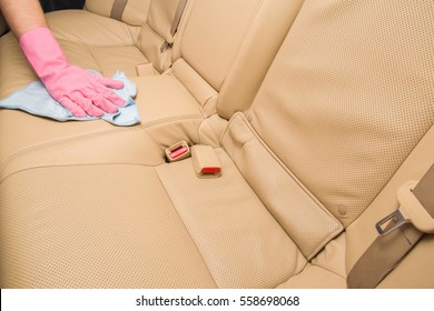 Car Interior Leather Seats Professionally Chemical Cleaning With Cloth. Early Spring Cleaning Or Regular Clean Up.