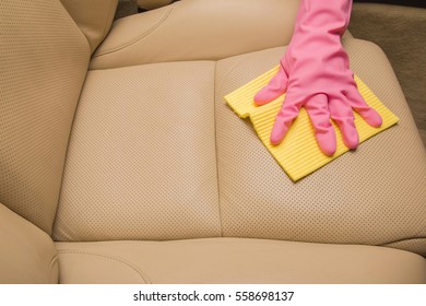 Car Interior Leather Seats Professionally Chemical Cleaning With Cloth. Early Spring Cleaning Or Regular Clean Up.