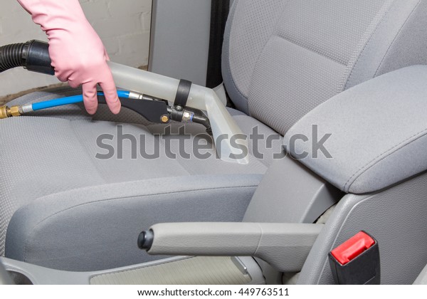 Car interior light gray textile seats chemical\
cleaning with professionally extraction method.  Early spring\
cleaning or regular clean\
up.