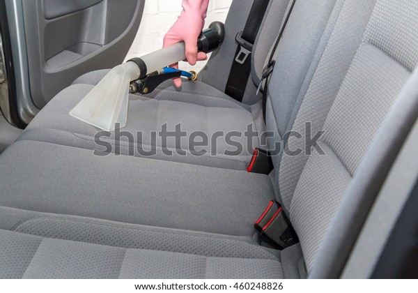 Car interior light gray textile seats chemical\
cleaning with professionally extraction method.  Early spring\
cleaning or regular clean\
up.