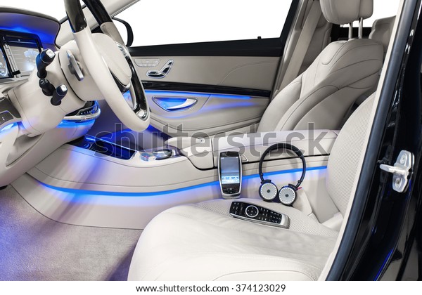 Car Interior Luxury Beige Leather Steering Stockfoto Jetzt