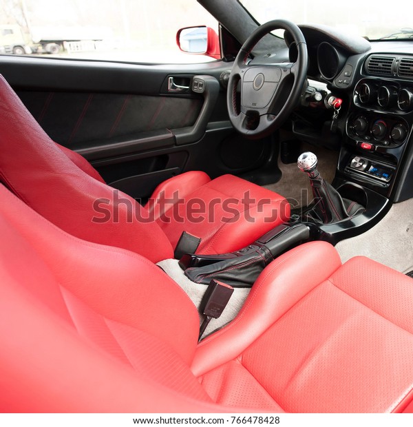 Car interior. Red\
upholstery