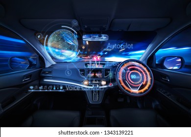 Car Interior With Self Driving , Auto Pilot And Internet Of Thin  Futuristic 
 Icon Illustration . Autonomous Car System Technology Concept .