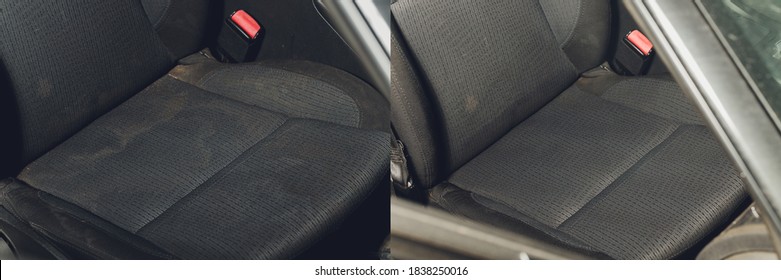 Car Interior Textile Seats Chemical Cleaning With Professionally Extraction Method. Early Spring Cleaning Or Regular Clean Up. Before And After The Procedure