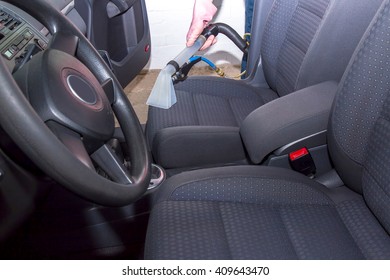 Car Interior Textile Seats Chemical Cleaning With Professionally Extraction Method.  Early Spring Cleaning Or Regular Clean Up.