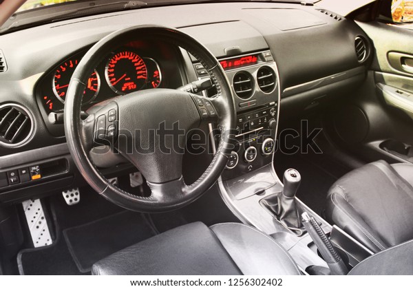 Car interior. View of the interior of a modern\
automobile showing the\
dashboard