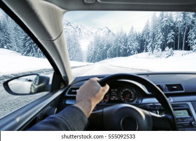 Car Interior And Winter Road 