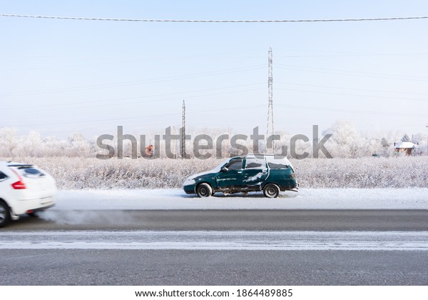 car involved in a collision or accident. car
accident on a winter road.