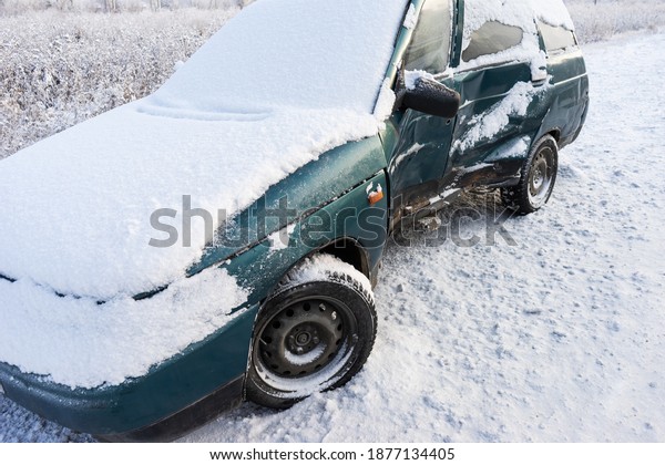 car involved in a collision or accident. car\
accident on a winter road.