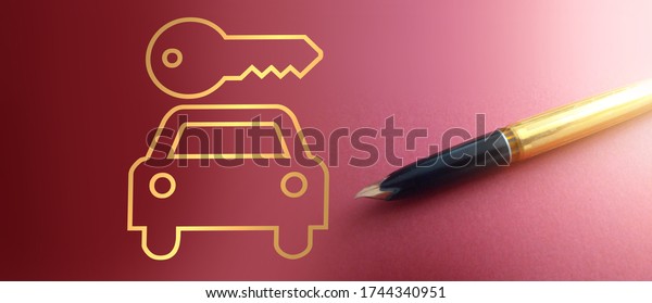 Car and key icons\
in gradient gold on dark pink and luxury pen. Car insuranse or\
automobile market concept.