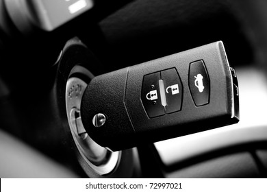 Car Key Into Ignition Lock, B&w