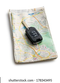 Car Key With Map On White Background