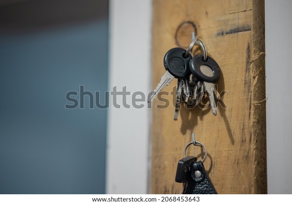 Car keys hanging on a wooden holder. Collection of\
keys ready to be taken.