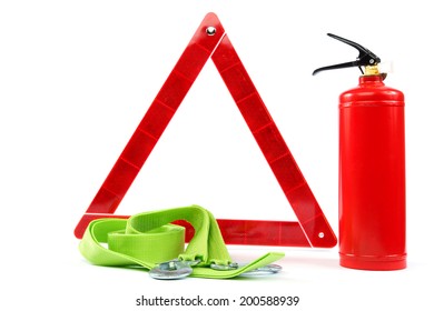 Car Kit. Fire Extinguisher, Emergency Sign And Tow Rope On White Background.