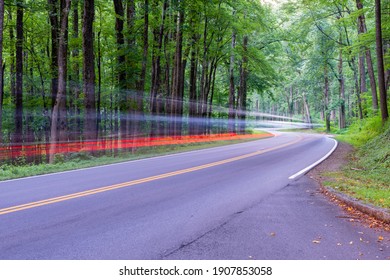 Car Light Trail On A Curvy Road In Great Smoky Mountains National Park