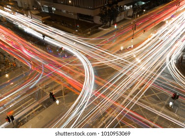 The Car Light Trails In The City Intersection, Traffic