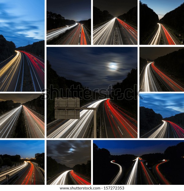 Car light trails on highway at night and blue\
hour set collage