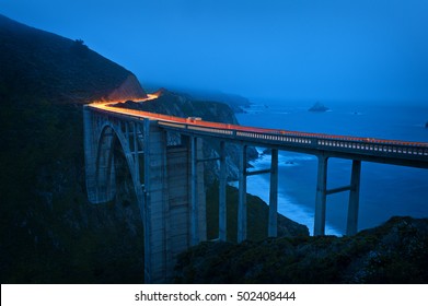 Car Light-trails At Dusk On Bixby Bridge, California, USA