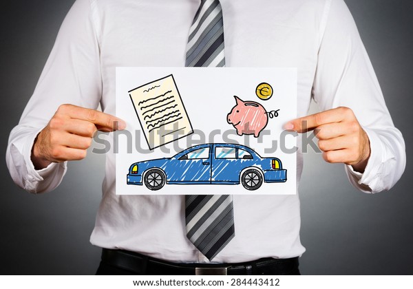 Car loan\
concept. Businessman holding paper with drawing of a car together\
with money and contract\
illustrations.