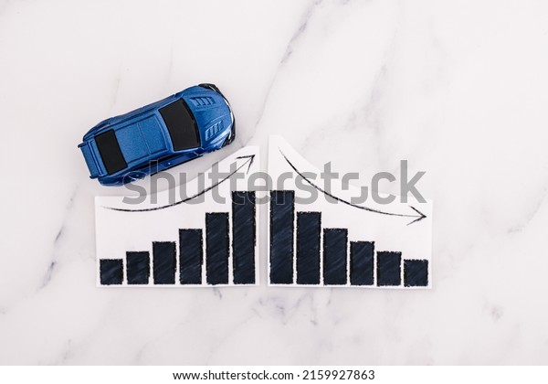 car loans rentals and car prices increasing,\
blue toy car next to graph showing stats going up conceptual image\
on marble background