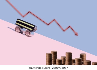 Car made with battery going down on bright light pastel background with declining arrow and coins. Crisis in car industry concept. - Powered by Shutterstock