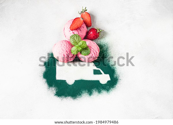 Car\
made of green powder and balls of berry ice cream on a light\
background. Online shopping. Concept of delivery services,\
logistics, cargo delivery. Food delivery. Copy\
space