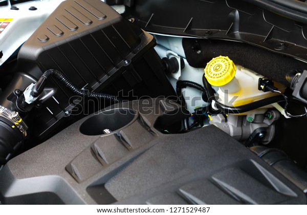 Car\
maintenance, Close up of brake fluid\
tank