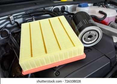 Car Maintenance, Oil And Air Filter On Car Engine