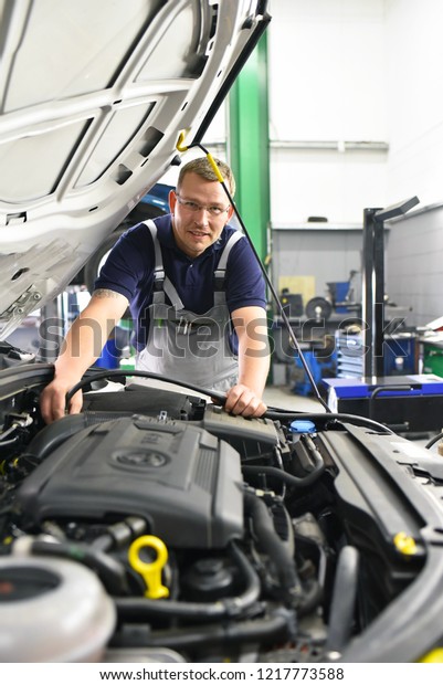 car
mechanic checks the engine of a vehicle - in the background car on
the lifting platform - workplace and profession
