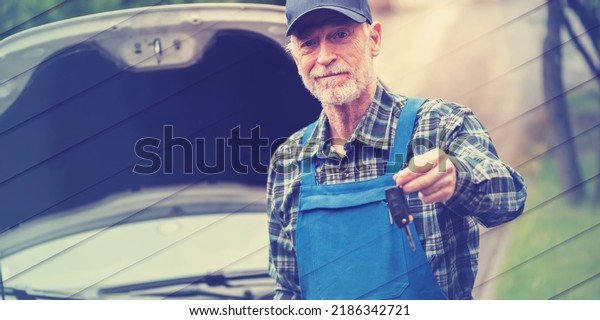 Car mechanic delivering car keys after car engine\
checking, geometric pattern