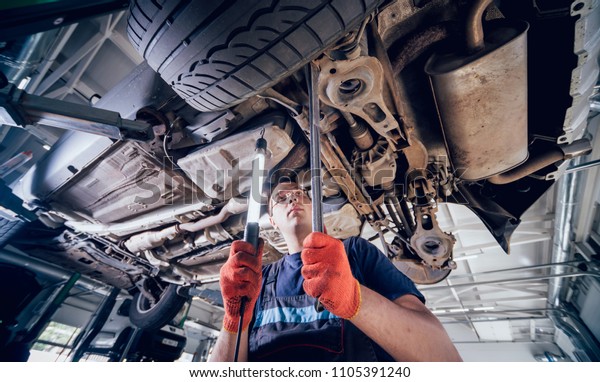 Car mechanic examining car\
suspension of lifted automobile at repair service station.\
Background