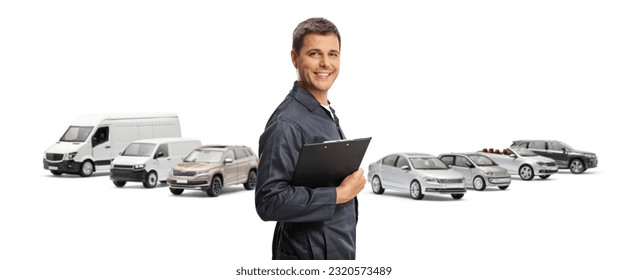 Car mechanic holding a clipboard and in front of parked vehicles isolated on white background

 - Powered by Shutterstock