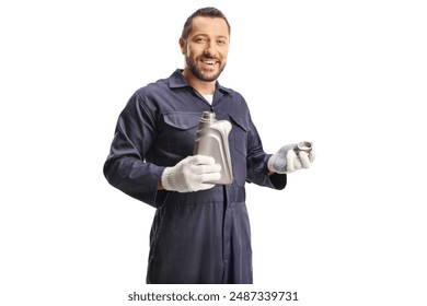 Car mechanic holding engine oil isolated on white background - Powered by Shutterstock