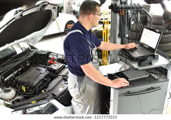 car mechanic\
maintains a vehicle with the help of a diagnostic computer - modern\
technology in the car repair\
shop