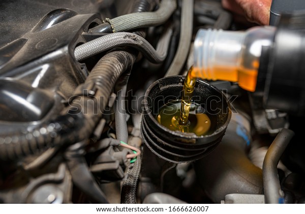 Car mechanic pours new car oil into the\
engine from a plastic tank in a car\
workshop.