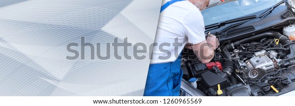 Car\
mechanic repairing a car engine. panoramic\
banner