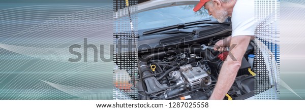 Car\
mechanic repairing a car engine. panoramic\
banner