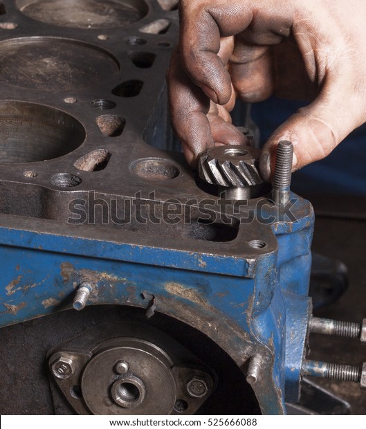 Car\
mechanic repairing an internal combustion\
engine