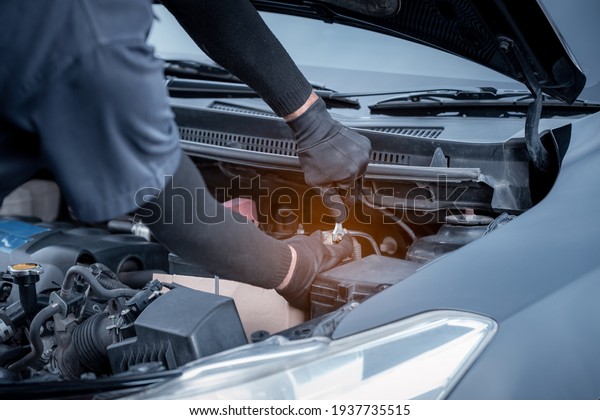 Car mechanic\
under repairing car  open hood checking electric line car system\
and clean in car garage\
service.