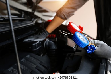 Car mechanic using Air refrigerant meter manifold gauge for car care maintenance services and check car air conditioner system heat problem and fix repairing and filling air refrigerant. - Powered by Shutterstock